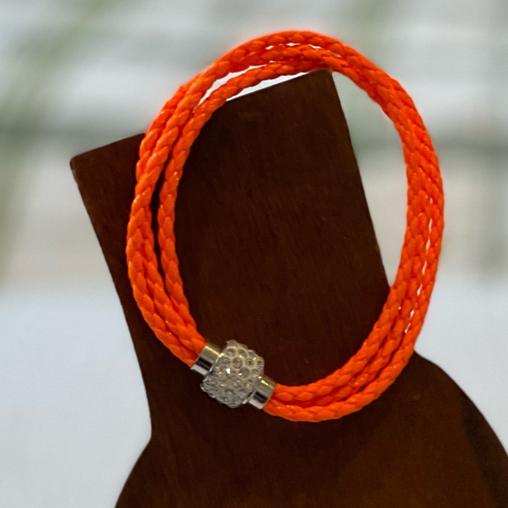 Orange Braided leather multi strand bracelet rhinestone steel magnetic closure